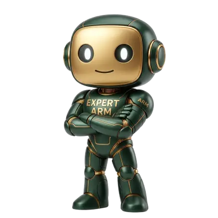 Expert Arm robot mascot representing AI - augmented outsourced corporate accounting, financial consulting, internal audit, and payroll intelligence.